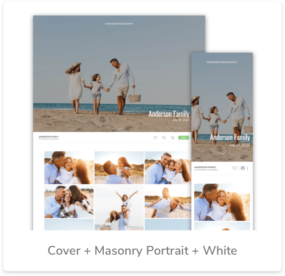 Website mockups showcasing family beach photos in a cover and masonry portrait gallery layout