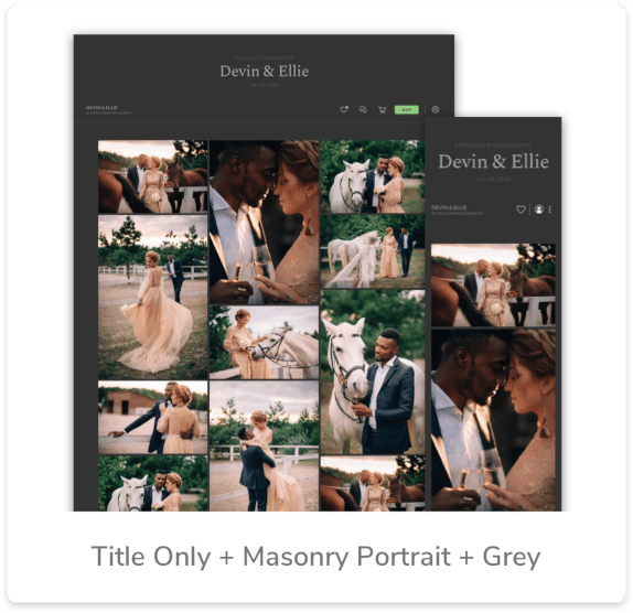 Wedding photo gallery: Masonry grid of Devin and Ellie's portraits, featuring couple and horses, on grey background