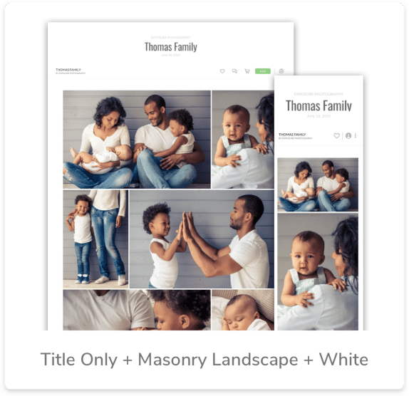 Website mockup: Thomas Family photo gallery; masonry layout of family portraits